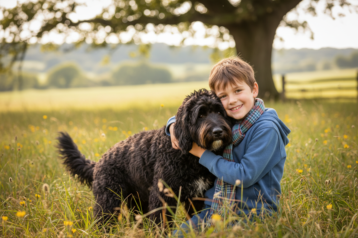 a boy smiling with is dog black dog 